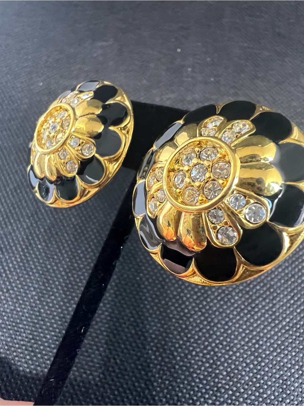 Gold & Black Crystal Flower Clip-On Earrings Vintage 80-90 Old New Stock